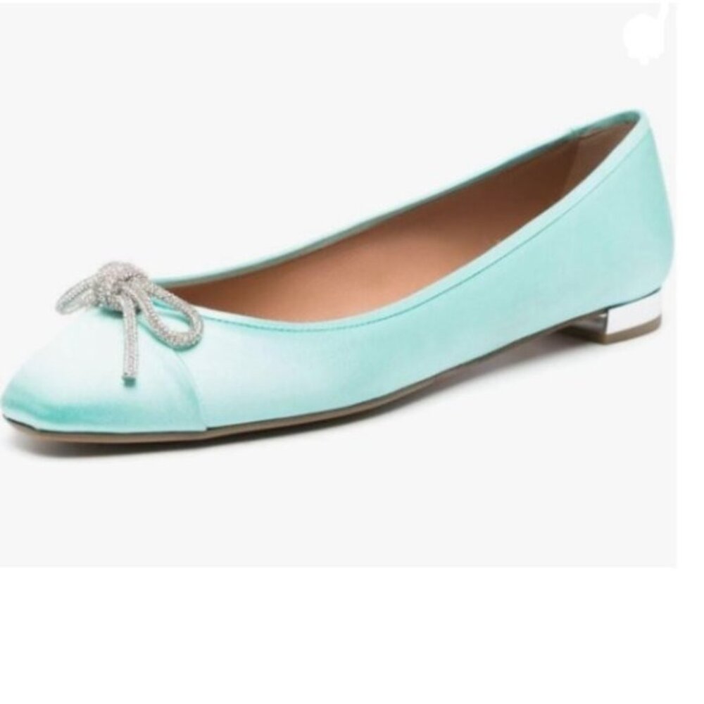Miss Left Turquoise Rhinestone Bows Round Toe Slip On Low Thick Heel Satin Shoes